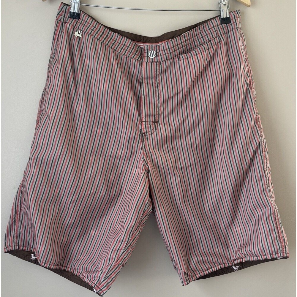 Men’s Reversible Swim Shorts, Size 34, Brown Striped / Pink Bird Print